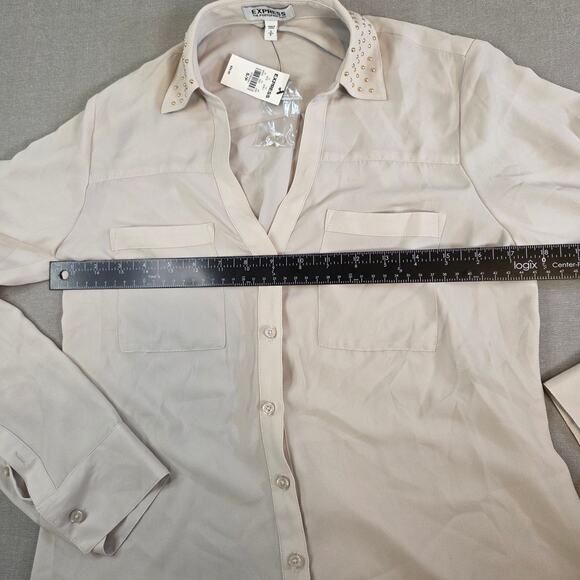 Express Portofino Blouse Women’s Beige Button Front Shirt Size S NWT - Picture 11 of 16